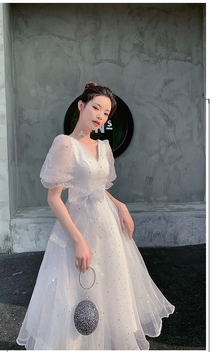 long formal dresses for women White Women Evening Dresses 2020 Elegant V-neck Tea-length Sequined Tulle Medium Long Prom Gown For Homecoming white evening dresses