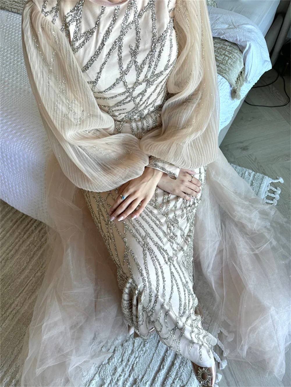 Cathy Muslim Mermaid Prom Dress Puff Sleeve Beaded فساتين مناسبة رسمية Elegant Plus Size Vestidos De Noche