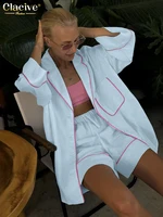 Clacive Fashion Loose Blue Cotton Home Women's Two Pieces Set 2025 Elegant Long Sleeve Shirt With High Waist Shorts Set Female - Image 3