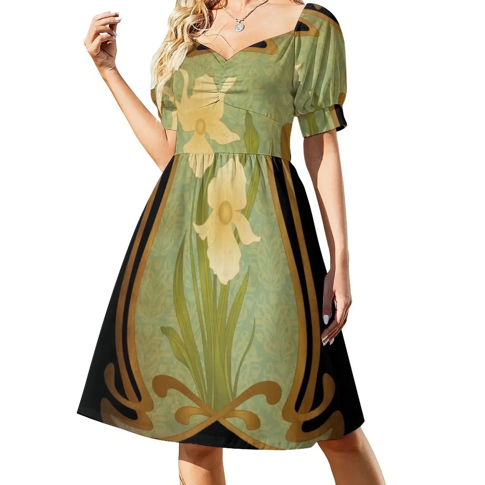 Vestido de manga corta con flores Art Nouveau vestidos de noche sueltos para mujer vestidos sueltos con polar