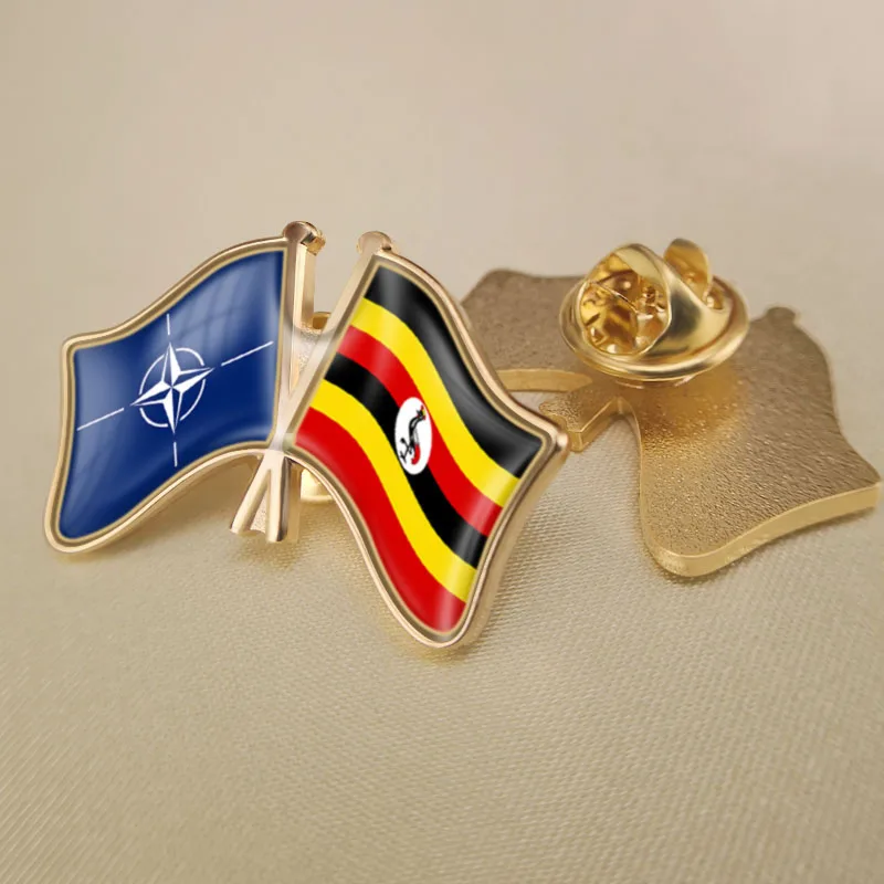 

North Atlantic Treaty Organization NATO and Uganda Crossed Double Friendship Flags Lapel Pins Brooch Badges