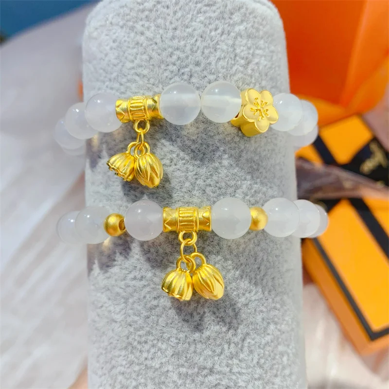 

1pcs Pure 999 24K Yellow Gold Women Lucky Lotus Bud Flower Beads Bracelet