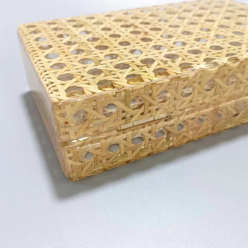 Woven Rattan Hollow Acrylic Clutch Handbag for Women Trend 2024 Square Straw Bag Crossbody Shoulder Hard Purse bolsos Aesthetic