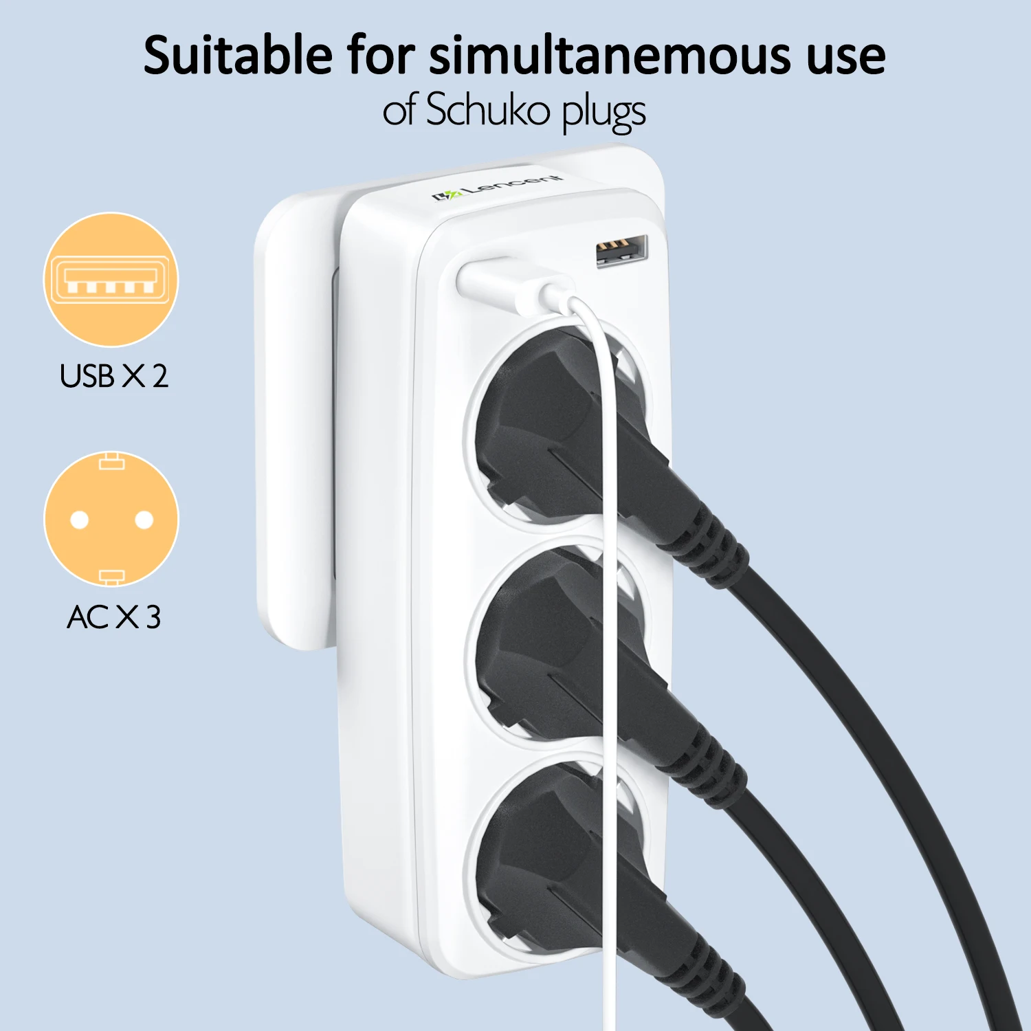 Power Strip Plug Adapter Electrical Socket Power Socket Power Plug Adapter Wall Socket Extender LENCENT Wall Socket Extender with 3 AC Outlets + 2USB Ports 5V 2.4A EU Plug Power Adapter Overload Protection for Home/Office
