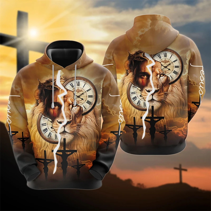 

Christian Jesus 3D Print Hoodies For Men Clothes Easter Gifts Tracksuit Animal Lion Pullovers Cross Graphic Sweatshirts Y2k Tops