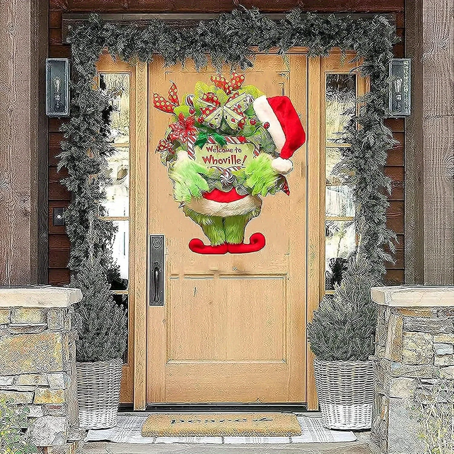 Christmas Wreath Elf Legs Welcome Sign Hanging Front Door Indoor Outdoor Home Decoration