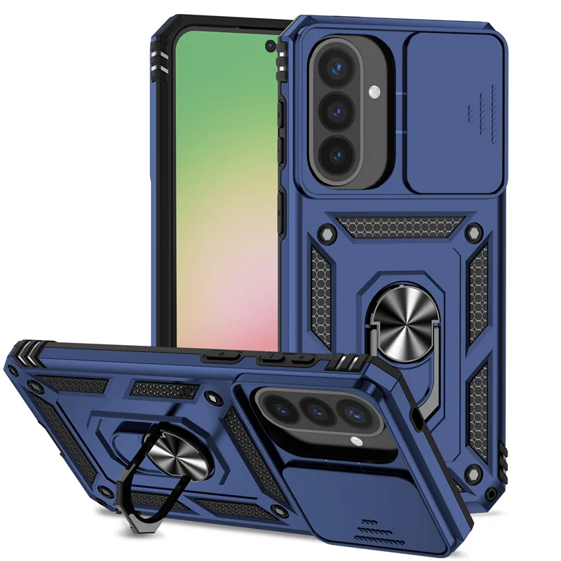 Slide Lens Camera Armor Phone Case with Car Magnetic Ring Holder and Back Cover
