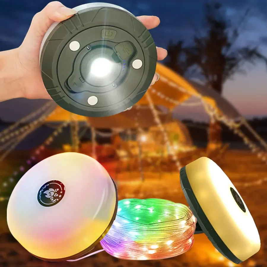 LED Camping Lamp Camping String Lights 10M Length Waterproof Rechargeable LED Flashlight Hook Lamp 2 in 1 RGB Atmosphere Light