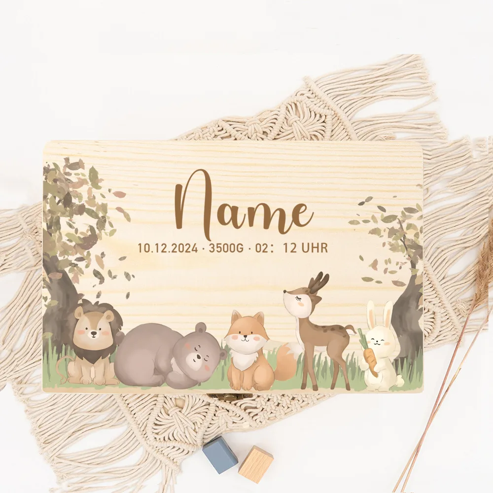 Baby Memory Box with Lion and Rabbit Souvenir Box with Name and Birth Dates Wooden Memory Boxes Gifts for Boys and Girls
