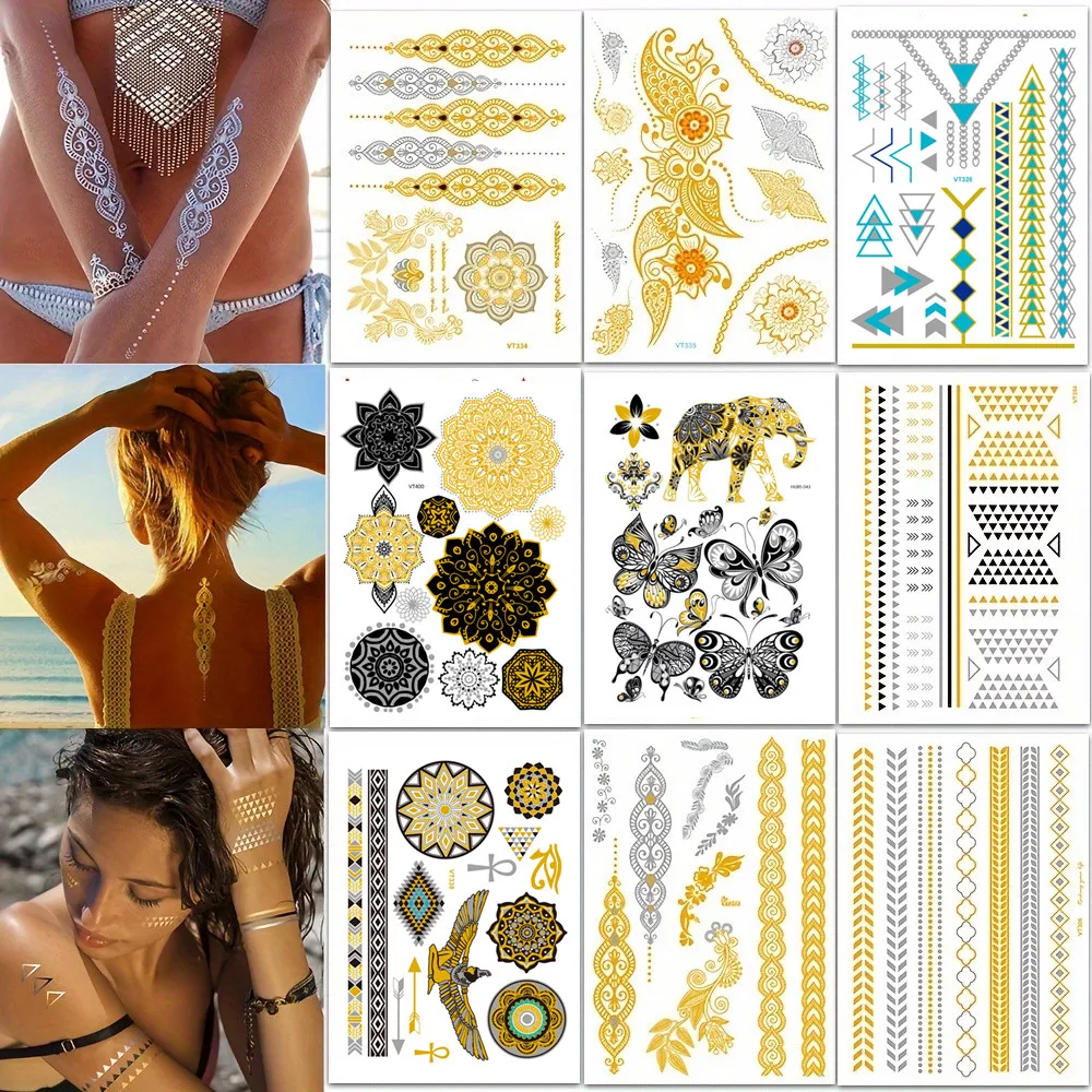 Metallic Waterproof Temporary Tattoo Set - Gold & Silver Henna Flower Design