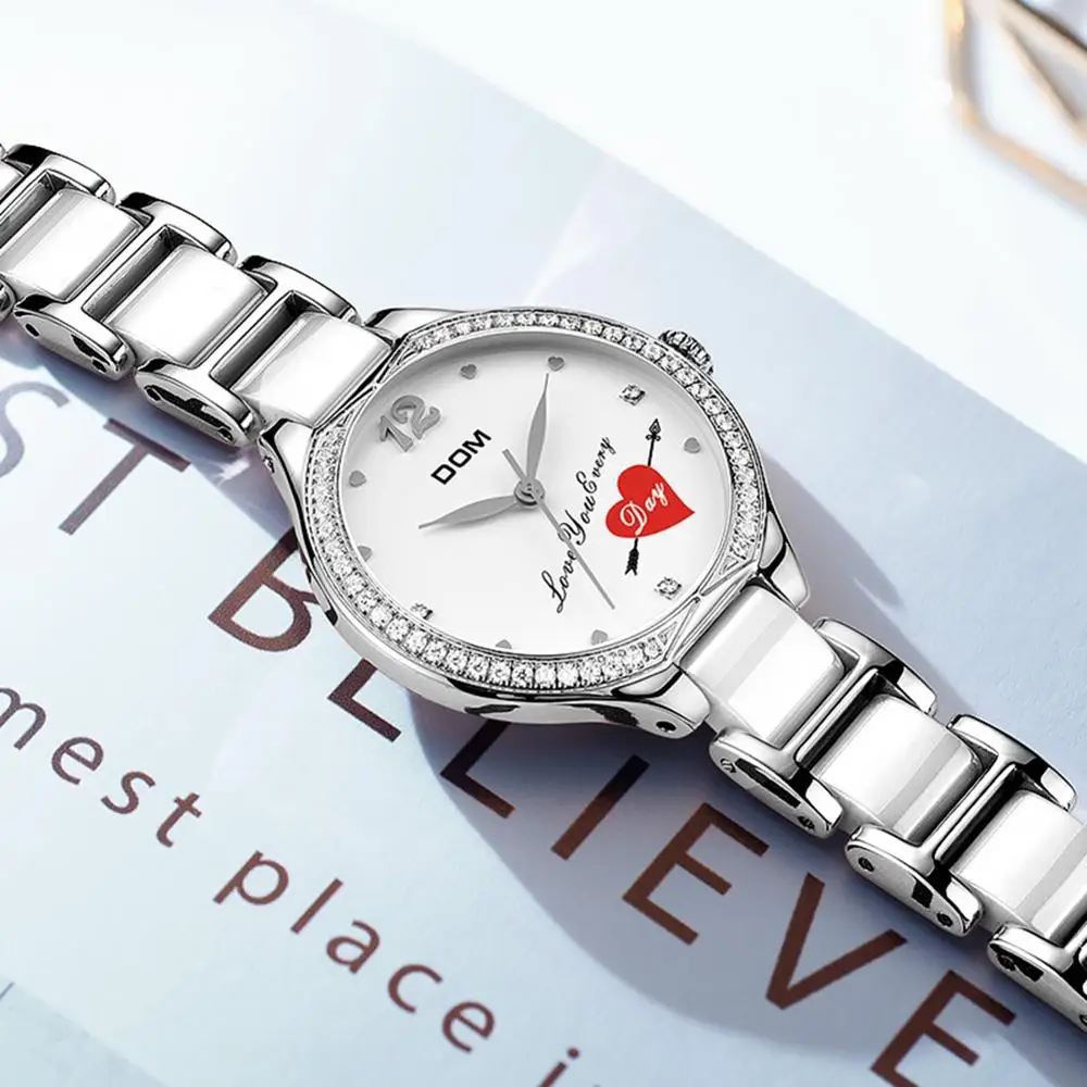 DOM Women Watch Diamonds Wrist Watches Ceramics Watchband Top Luxury Brand Dress Ladies Geneva Quartz Clock waterproof   G-1271