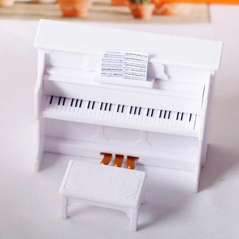Miniature Wooden Grand Piano For Dollhouse - 1:12 Scale With Stool, White Doll Furniture Accessory