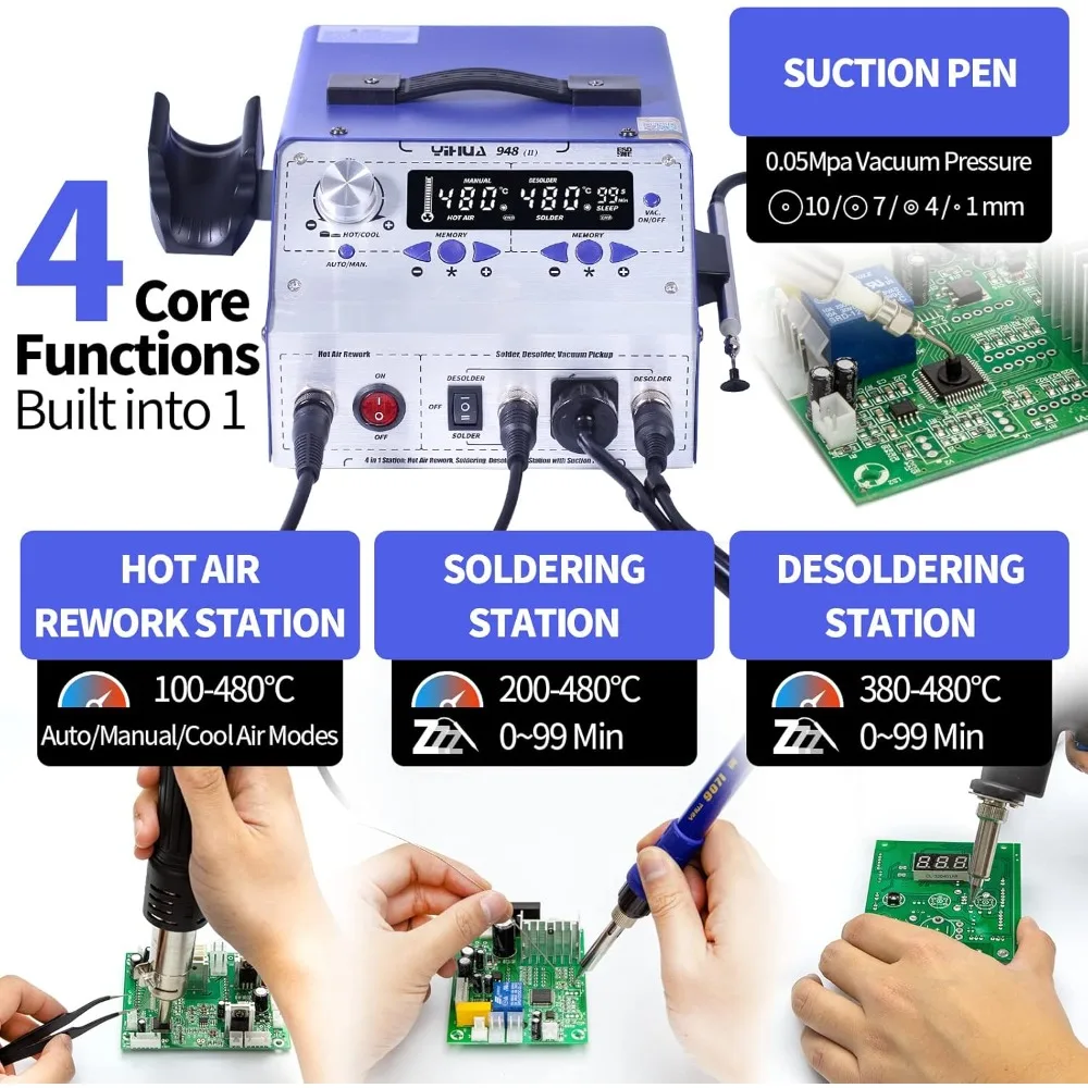 948-II 4 in 1 Hot Air Rework Soldering Iron and Desoldering Suction Tin Gun Station with Suction Pick Up Pen °F /°C 2