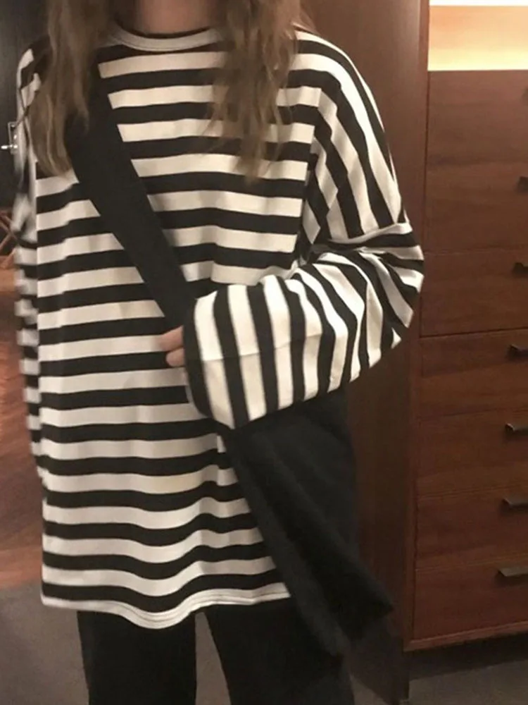 

Женская Полосатая футболка с длинным рукавом и круглым вырезом, в стиле Харадзюку