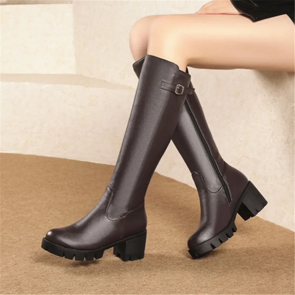 

NEW Boots Women Knee High Boots Thick Heel Platform Boats Long Autumn Winter Was Thin Jane High Simple Botas Mujer Brown