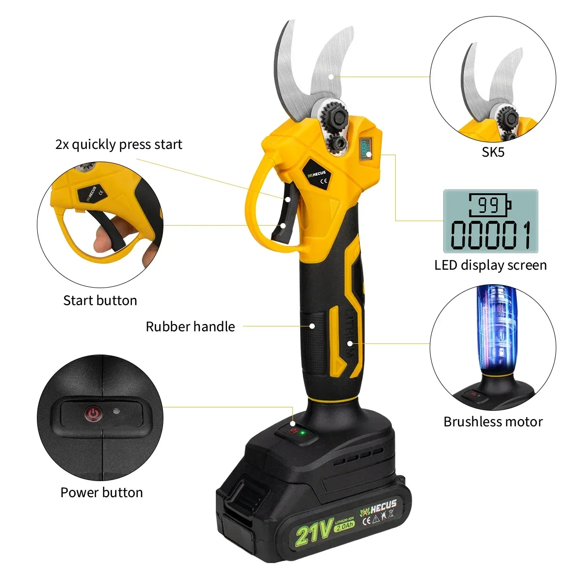 Hecus 30mm Brushless Electric Pruning Shears Garden Tool Pruner Cordless Electric Scissors Fruit Tree for Makita 18V Battery 3