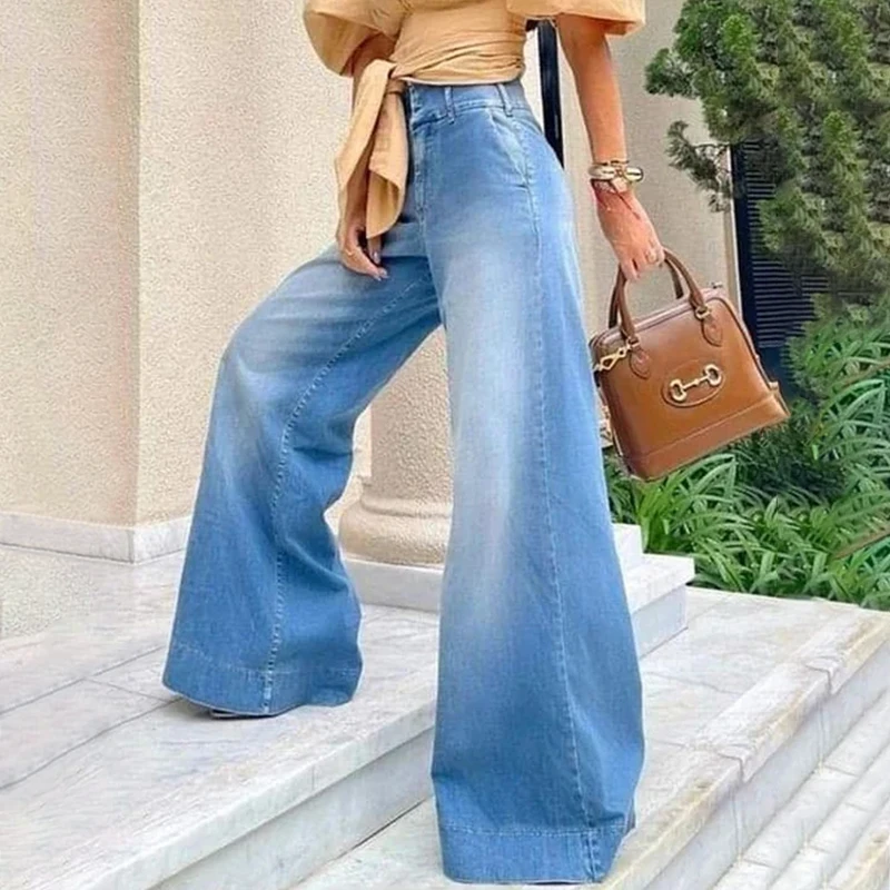 

Fashion Flared 2023 New Bleached Wide Leg Jeans Streetwear Women Denim Trousers Washed Blue Long Pants