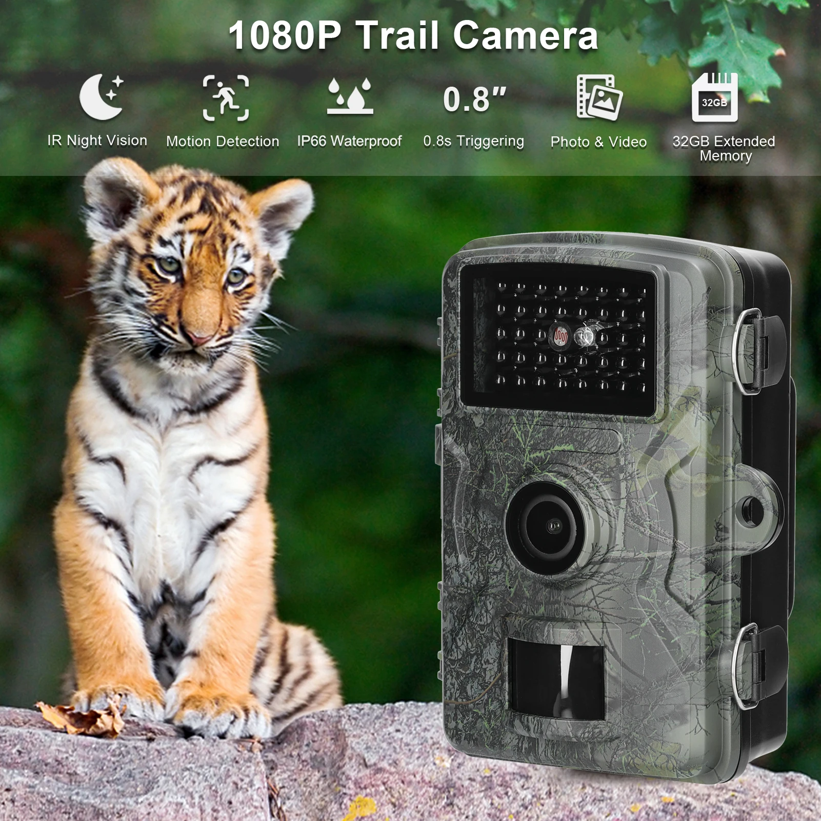 Portable Outdoor Huntings Camera 16MP 1080P Day Night Photo Video Taking Trail Monitoring Camera IP66 with 32G Memory Card