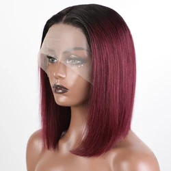 Short Bob Human Hair Wigs For Women 99j Red Ombre Colored Lace Front Wigs With Bangs 13X6X1 Straight HD Lace Brazilian Hair Wigs