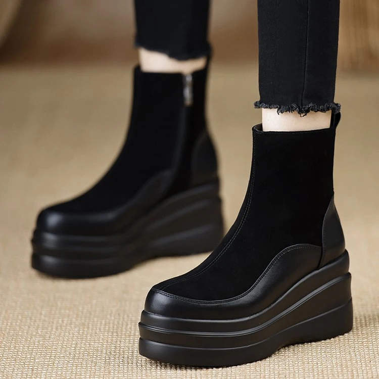 Bla  Boots Thi Bot Platform ort Boots Women's Autumn Winter Heightening Soft Leather Slope Heel Padded Fce