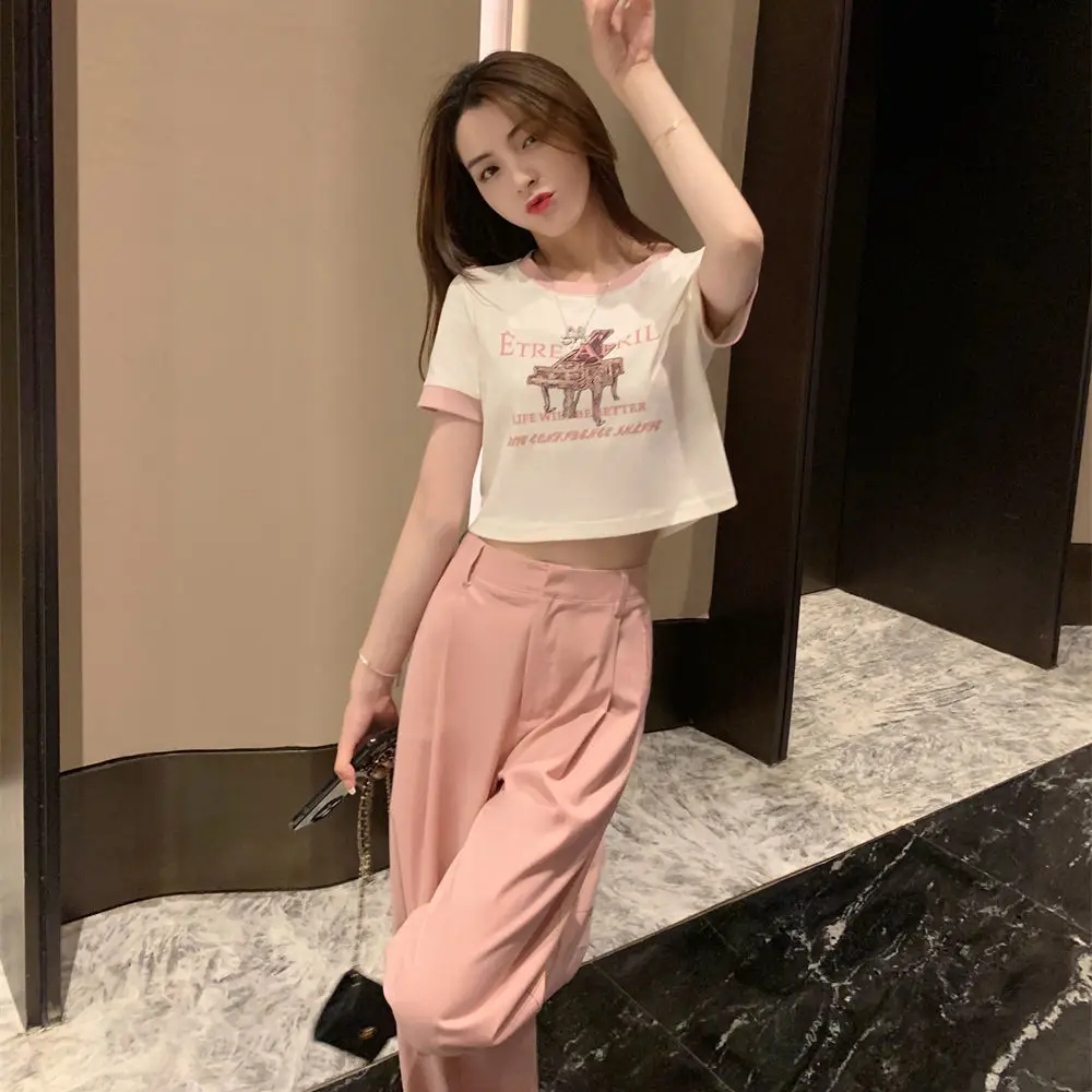 Leisure Fashion Set Women's Summer 2023 New Korean Edition Small Stature Fashion Age Reducing Top Wide Leg Pants Two Piece Set