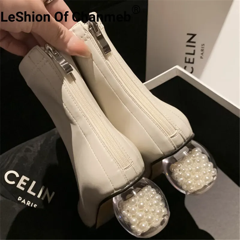 

LeShion Of Chanmeb New Pearls Inside Clear Round Ball Heels Boots Women Medium Heels Square Toe Stretch Short Boots Beige Autumn