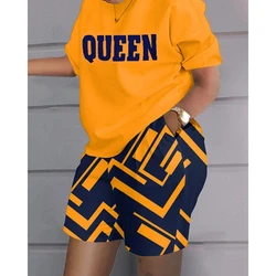 Women Queen Letter Print Top & Colorblock Shorts Set Female O-Neck Short Sleeve 2 Piece Casual Summer 2023 Outfits Clothing