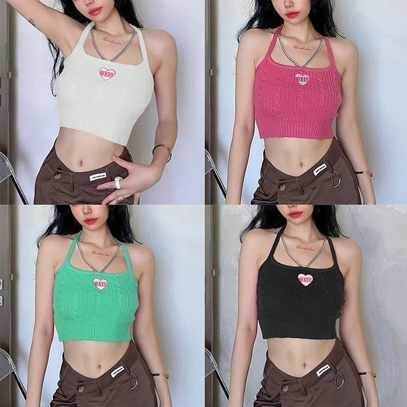 

Y2k Fashion Knitted Tank Casual Crop Cami Halter Vest Ropa De Mujer Croptop Summer Basic Backless Streetwear Off Shoulder Top