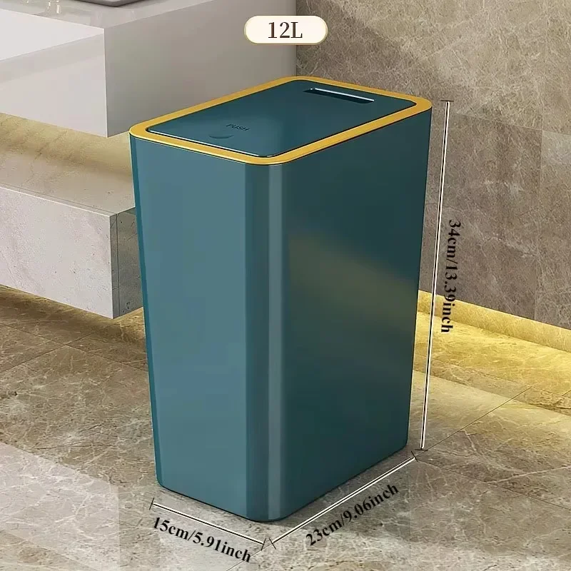 10/12L Slim Trash Can with Lid Nordic Style Waterproof Dustbin Large Capacity One-Touch Design for Bathroom Kitchen Living Room