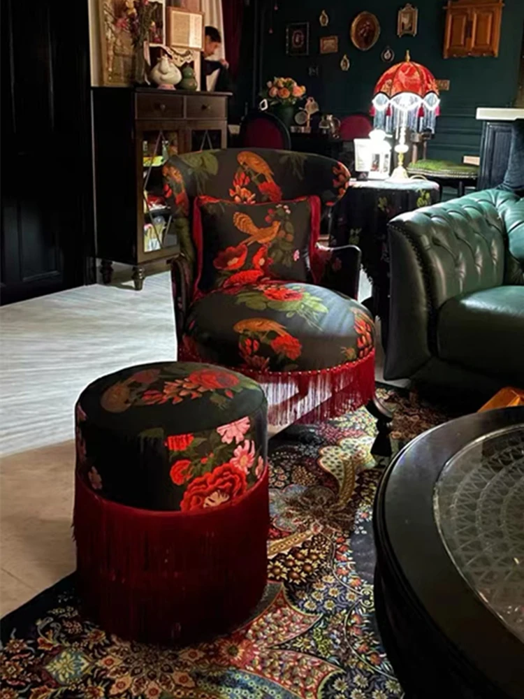 

XL Chinese Style Oil Painting Flower and Bird Jacquard Vintage Tassel Single Furnishings Decoration Custom Chair