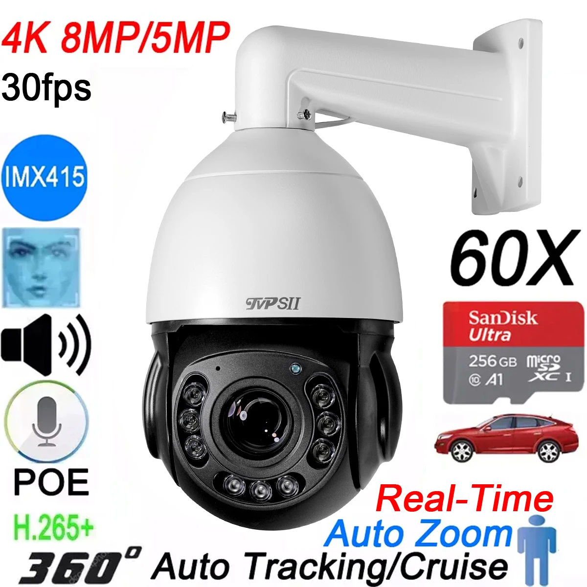 

Auto Tracking Real-Time 30fps 8MP 4K IMX415 60X Optical Zoom 360° Rotation Audio Outdoor ONVIF POE IP Speed Dome PTZ Camera
