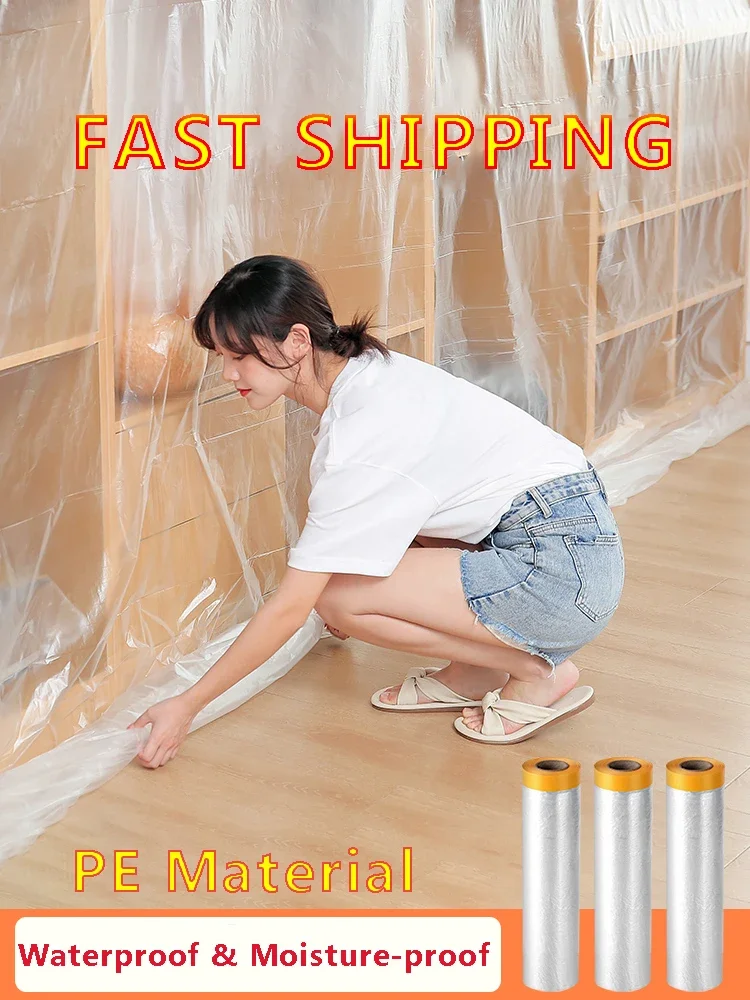 Dust-proof Masking Tape Plastic Drop Cloth Dust Protection Masking Film Cover For Automobile Furniture Various lengths masking film