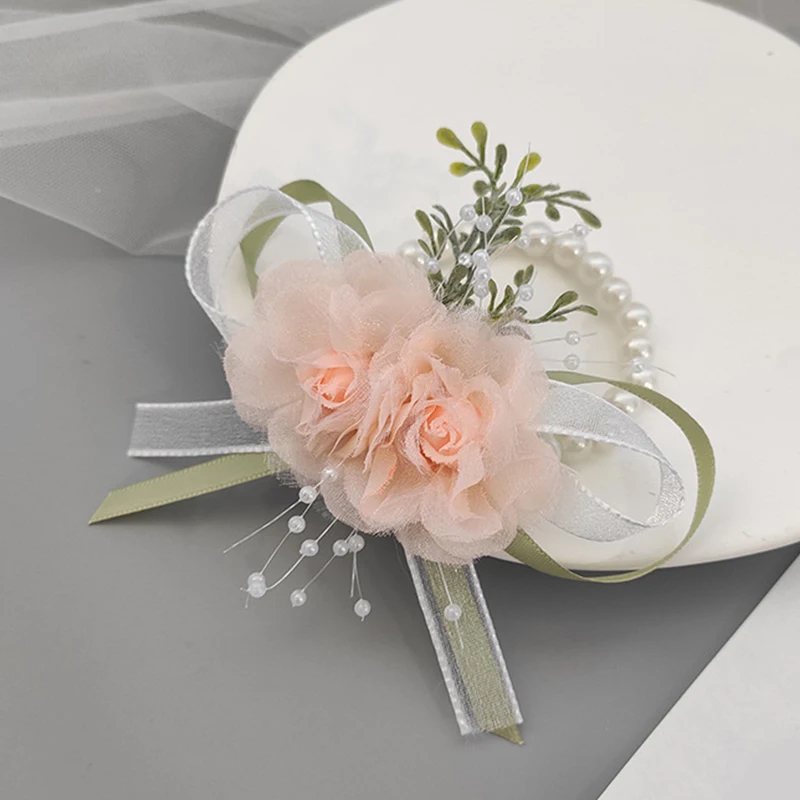 Bridal Bridesmaid Corsage Wrist Flower Wedding Festivals Pearl Silk Yarn Hand Flower Bridesmaids Silk Wristband Bracelet Jewelry