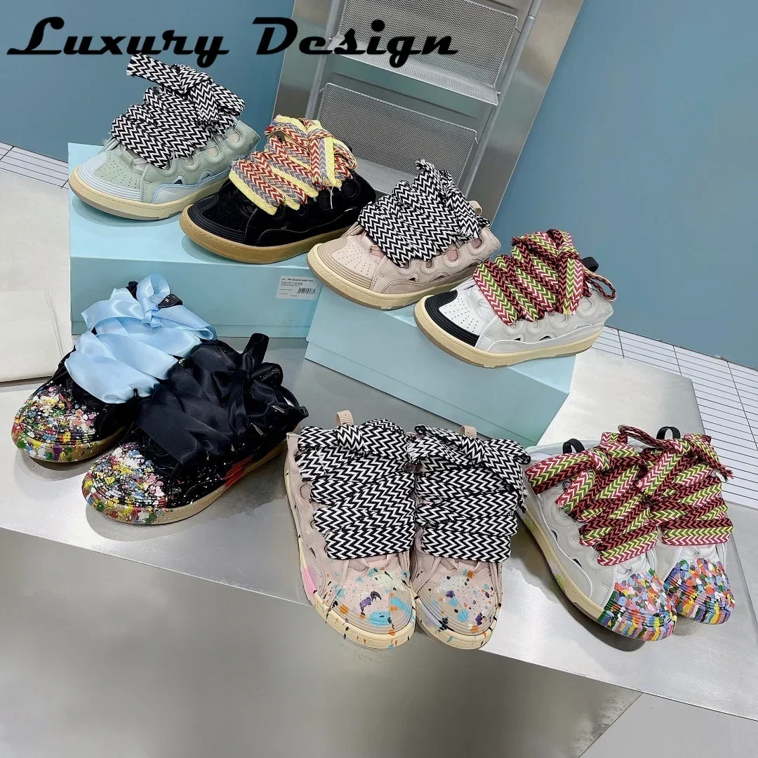 New Designer Brand Sneakers Platform Flat Shoes Women Sneakers Lace Up Round Toe Men High Quality Thick Laces Skateboard Shoes 6