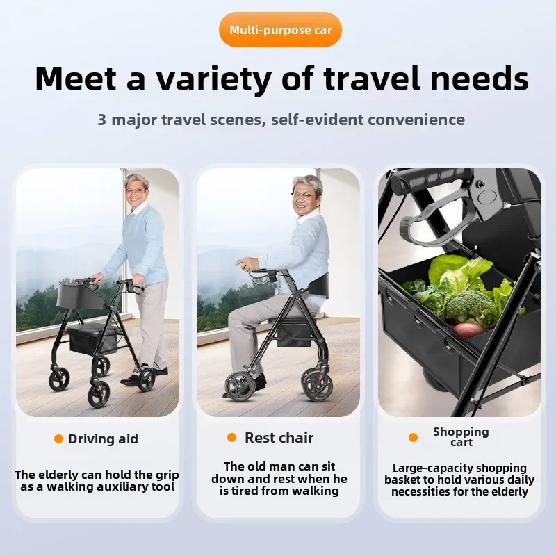 Walking Stick with Seat Transport Chair for Seniors Folding Rolling Walker Wheelchair Wheels Combo & Aluminum Mobility Walkers