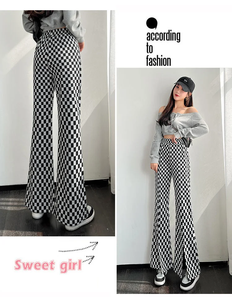 khaki pants Checkerboard Flares Leggings Pants Plaid Pants Wide Leg High Waist Women Summer Autumn Thickened Loose Korea Fashion Boot Pants track pants