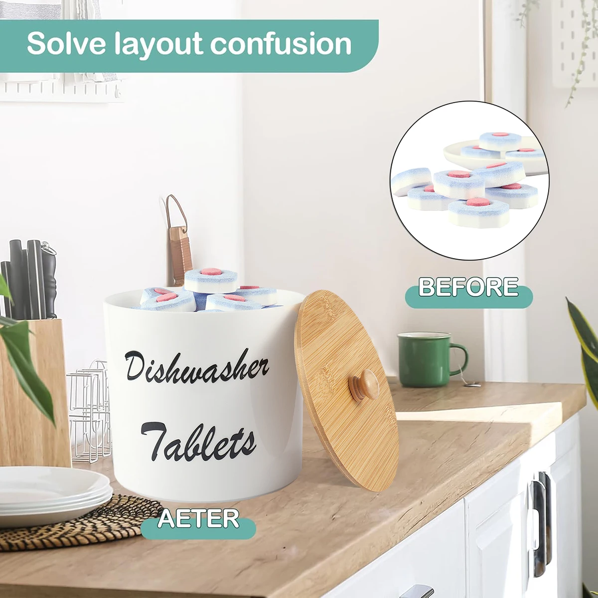Dishwasher Pod Container with Bamboo Lid Acrylic Storage Box Dishwasher Detergent Container, Farmhouse Kitchen Tablet Organizer 4