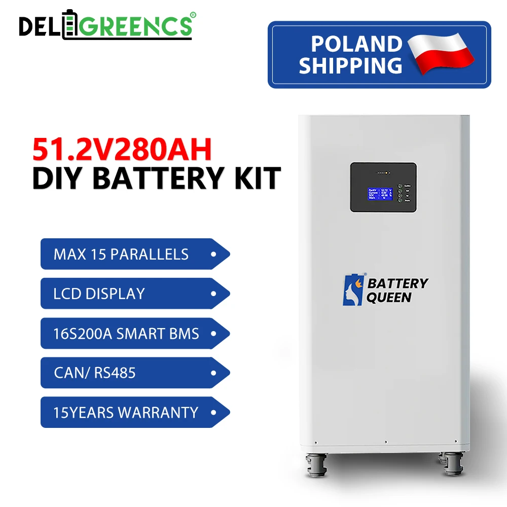 DIY 키트 LiFePO4 리튬 배터리, 16S200A 스마트 BMS 내장, CAN Rs485 LCD 가정용 전원 저장 장치, 폴란드 배송, 48V, 280Ah