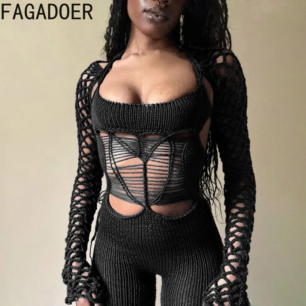

FAGADOER Sexy Hollow Out Mesh Perspective Bodycon Jumpsuits Women Low-cut Long Sleeve Backless Bandage Overalls Female Playsuits