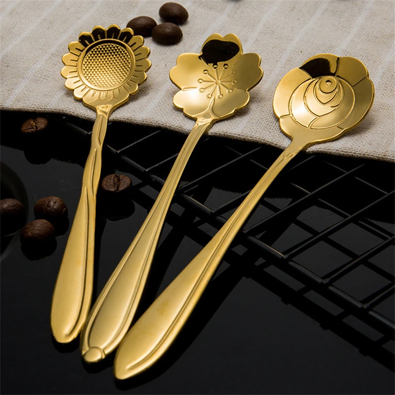 Description Picture 3 of item8/12Pcs Stainless Steel Cherry Rose Flower Gold Scoop Coffee Spoon Gifts Kitchen Dessert Tea Accessories Tableware Decoration