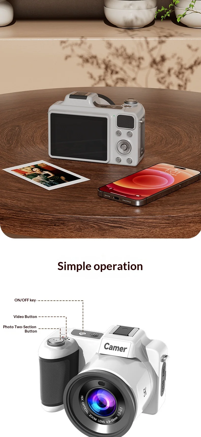 Camer 5K HD DSLR Digital Camera 64MP CCD With 16X Optical Zoom Lens AF Auto Focus Portable Video Recorder For Students Beginners