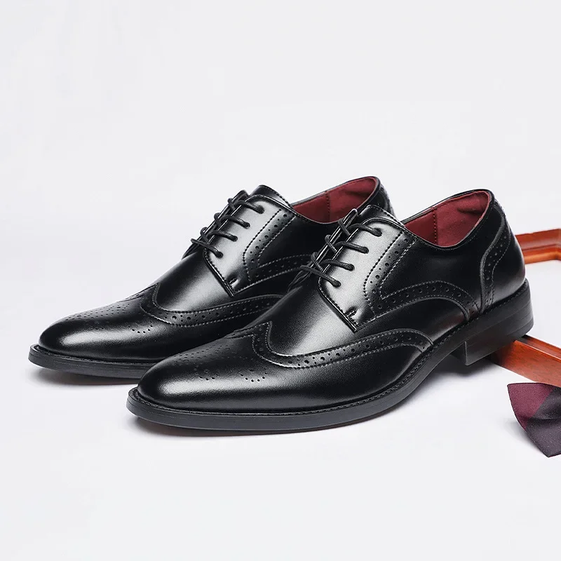 Men Height Increasing Leather Shoes Genuine Leather Brogue 6CM Increase Formal Dress Shoe Business Office Shoes