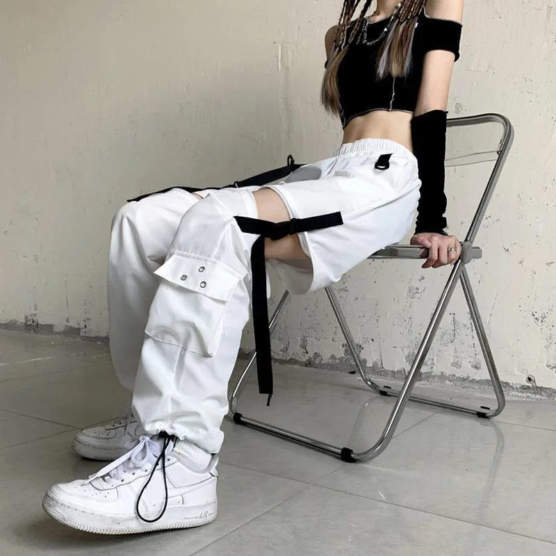 

Streetwear White Cargo Pants for Women with Pockets High Waist Hip Hop Pants Loose Removable Jogger Baggy Sweatpant Y2K Trousers