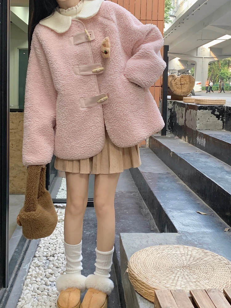 

Preppy Style Sweet Women Coat Cute Horn Button Retro Fashion Thickened Lambhair Full Sleeve Sweetheart Pink Comfort Outwears