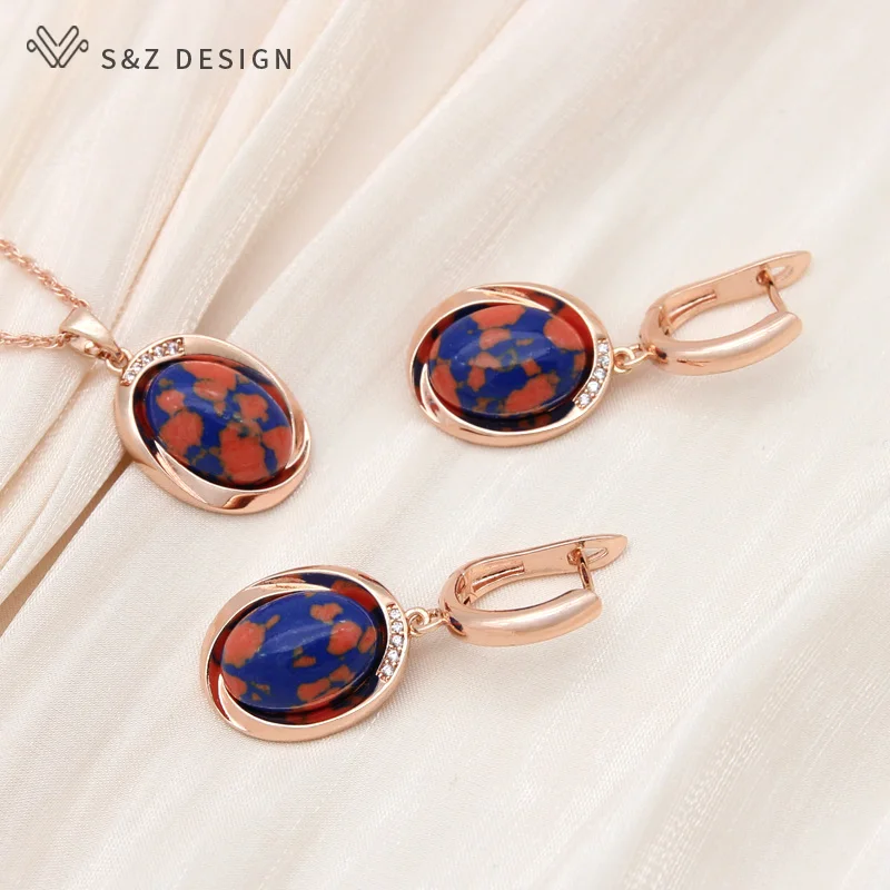 S&Z DESIGN New 585 Rose Gold Color Egg Shape Synthetic Turquoises Drop Earrings Jewelry Sets For Women Wedding Pendant Necklace