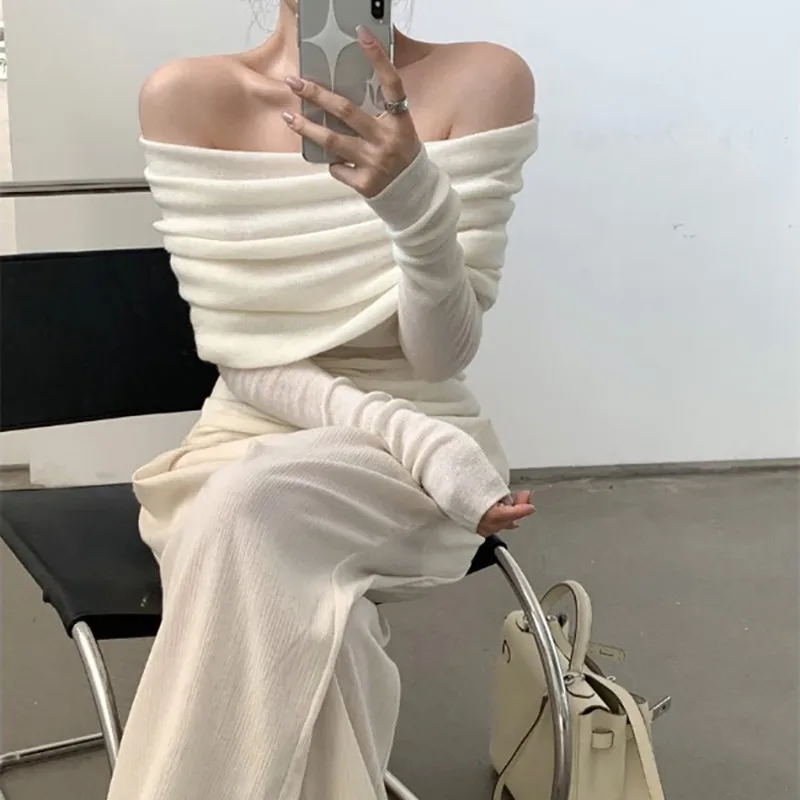 New Large Lapel One-word Shoulder Off-the-shoulder Long-sleeved Knitted Sweater Elegant Retro Casual Solid Color Pullovers