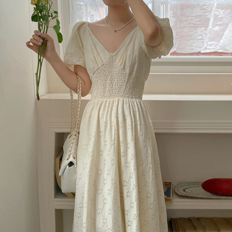 

Korean Chic V-neck Lace Patchwork Dress For Women Summer Shorts Puff Sleeve A-line Mid-long Dresses Female Elegant Vestids 8033