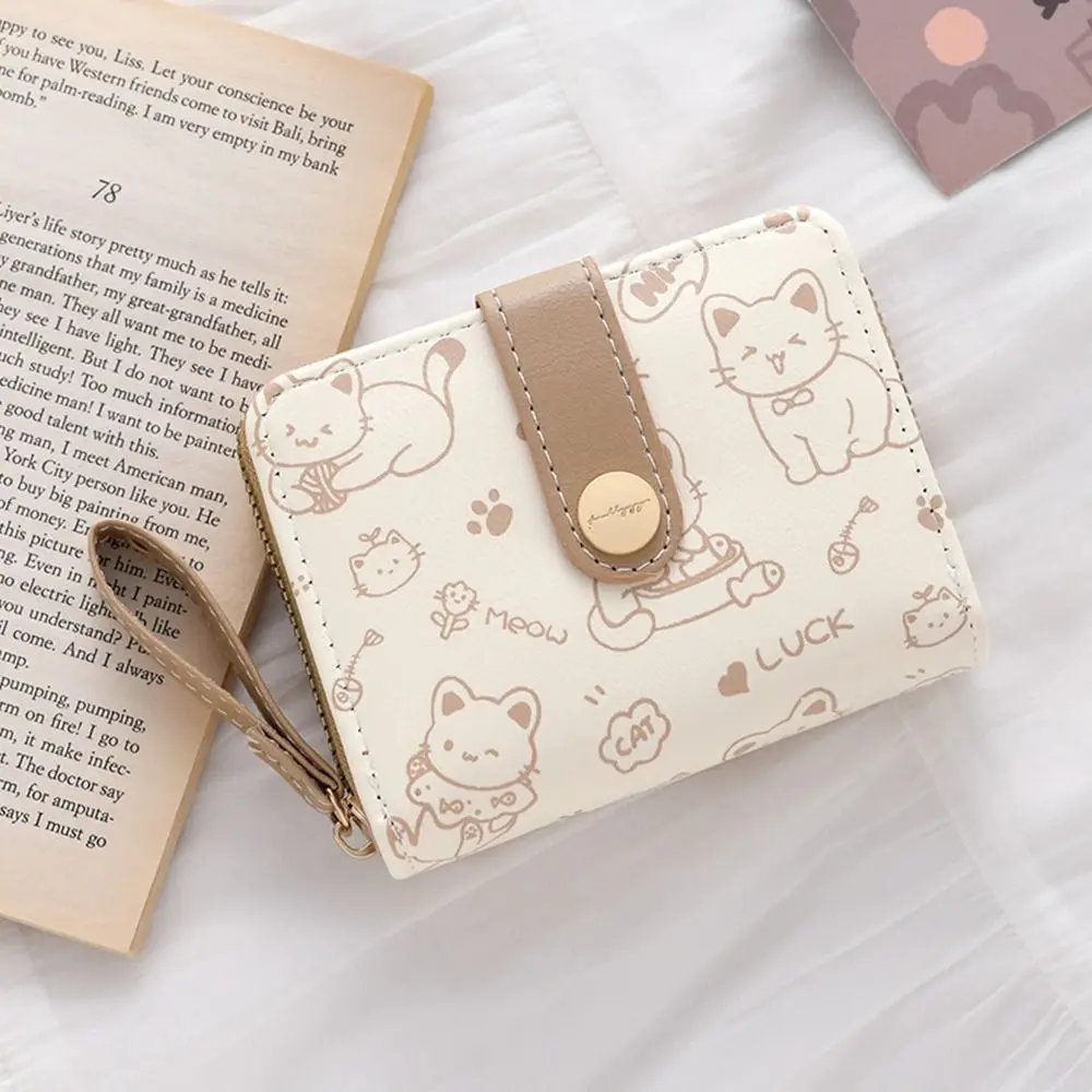 New Cute Cat Short Wallet Large Capacity PU Leather ID Card Holder Lightweight Money Bag