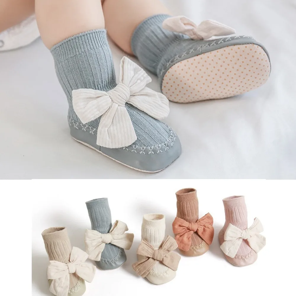 

0-18 Months Newborn Toddler Socks Shoes Baby Girl Footwear Baby Socks Fall Warmth Knitted Cotton Baby Shoes Bow Princess Shoes
