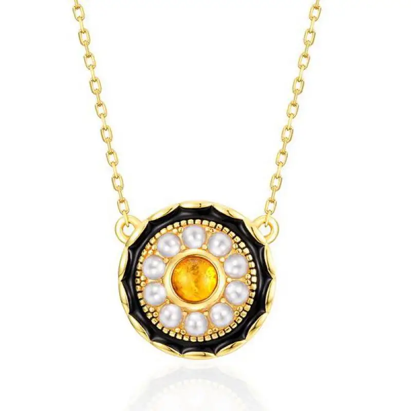 

Natural Gemstone Amber Necklace S925 Sterling Silver 9k Gold Plated Baltic Ambers Inlaid Shell Beads Disc Pendant Necklace Women